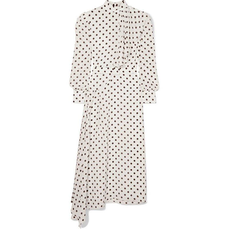 Alessandra Rich Asymmetric Polka-Dot Dress in White & Brown