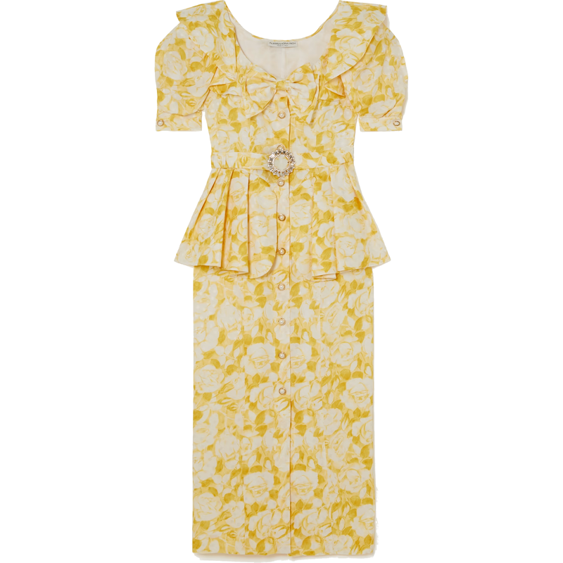 Alessandra Rich Belted floral-print silk-jacquard peplum midi dress in yellow