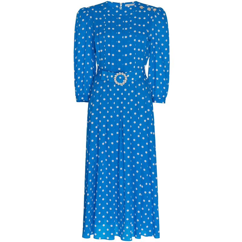 Alessandra Rich Belted Polka-Dot Silk Midi Dress in Azure Blue