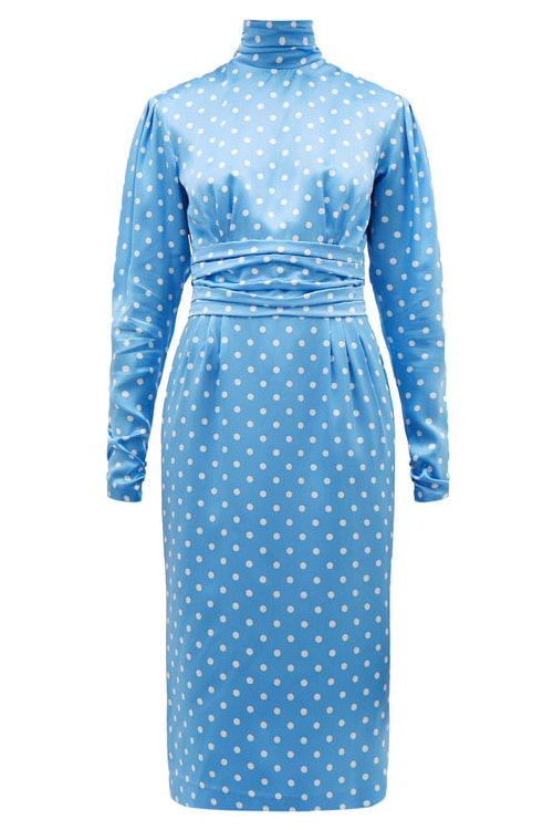 ALESSANDRA RICH Gathered high-neck polka-dot silk-satin midi dress in blue