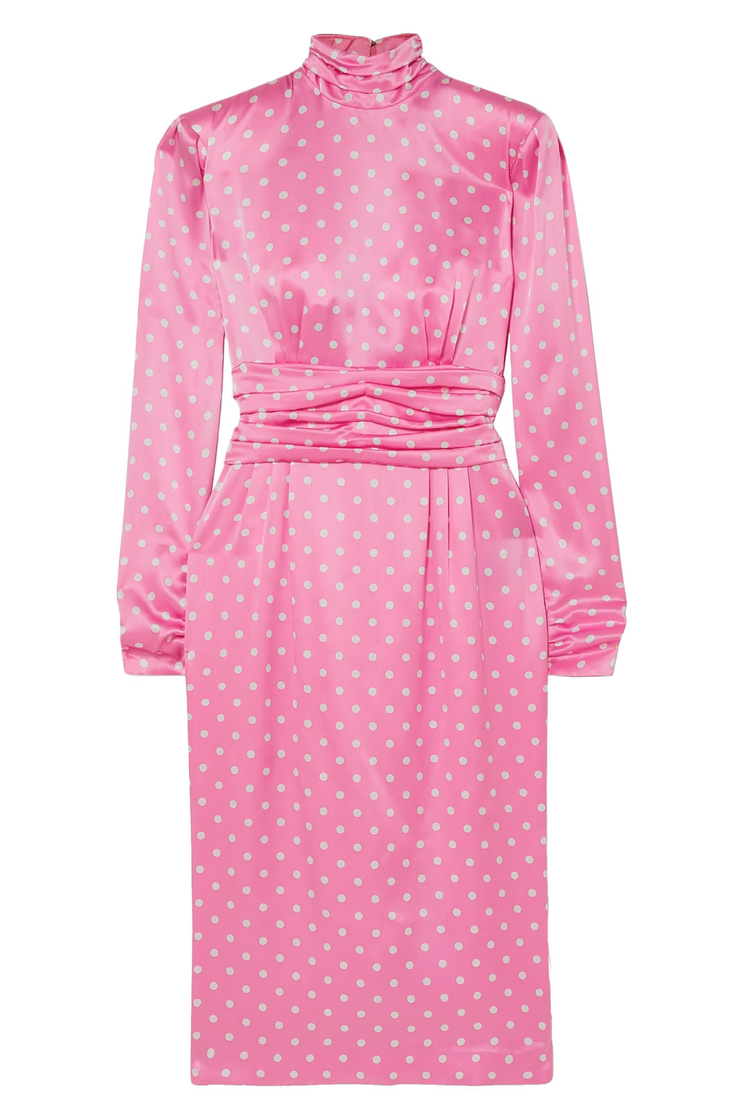ALESSANDRA RICH Gathered high-neck polka-dot silk-satin midi dress in pink