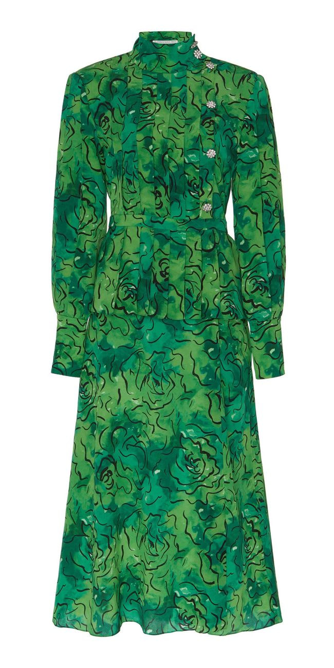 Alessandra Rich Green Printed Silk Peplum Dress