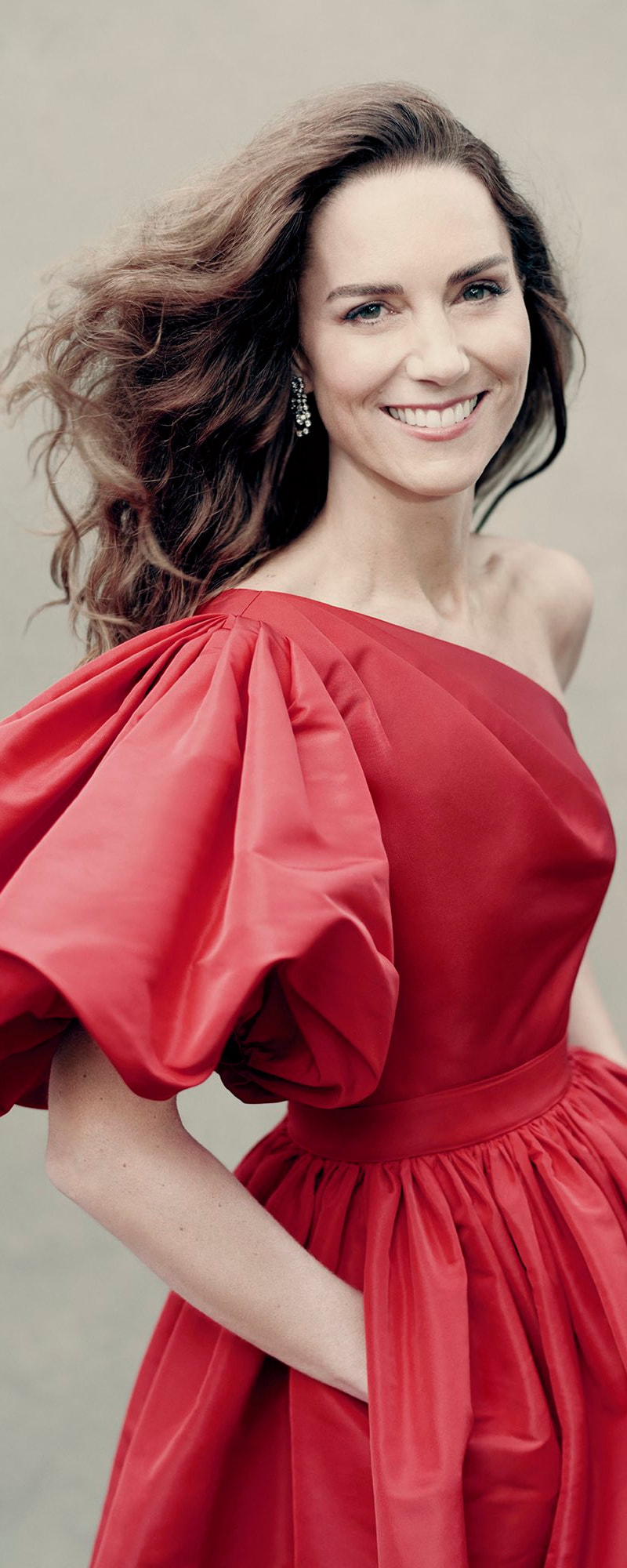 Alexander McQueen Asymmetric Draped Sleeve Dress in Red as seen on Kate Middleton, The Duchess of Cambridge.