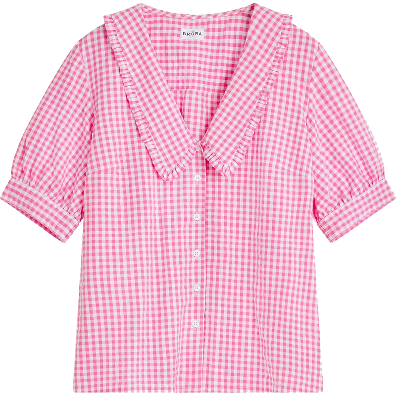 Brora Gingham Ruffled Chelsea Collar Shirt in Peony Pink