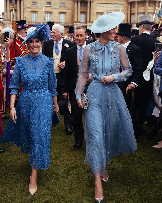 The Princess of Wales and the Duchess of Edinburgh in twinning outfits at Buckingham Palace Garden Party on 9th May 2023