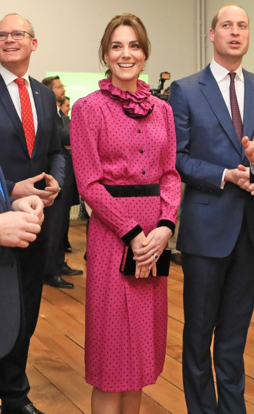 Duchess of Cambrideg wears pink polka-dot Oscar de La Renta dress with a ruffled neckline