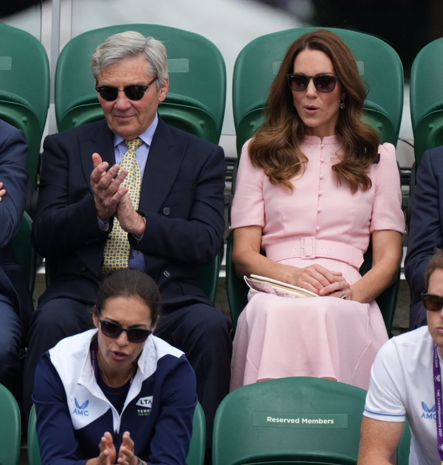 Duchess of Cambridge and Michael Middleton watch the Wimbledon Gentlemen's Wheelchair Singles Final between Gordon Reid and Joachim Gerard on 11 July 2021