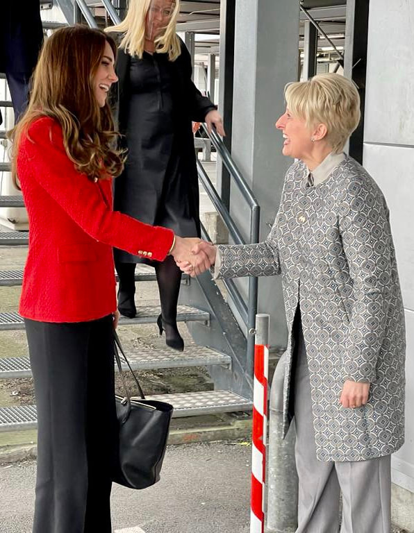 The Duchess of Cambridge is greeted by the British Ambassador to Denmark, Emma Hopkins on her arrival in Demarl 2022