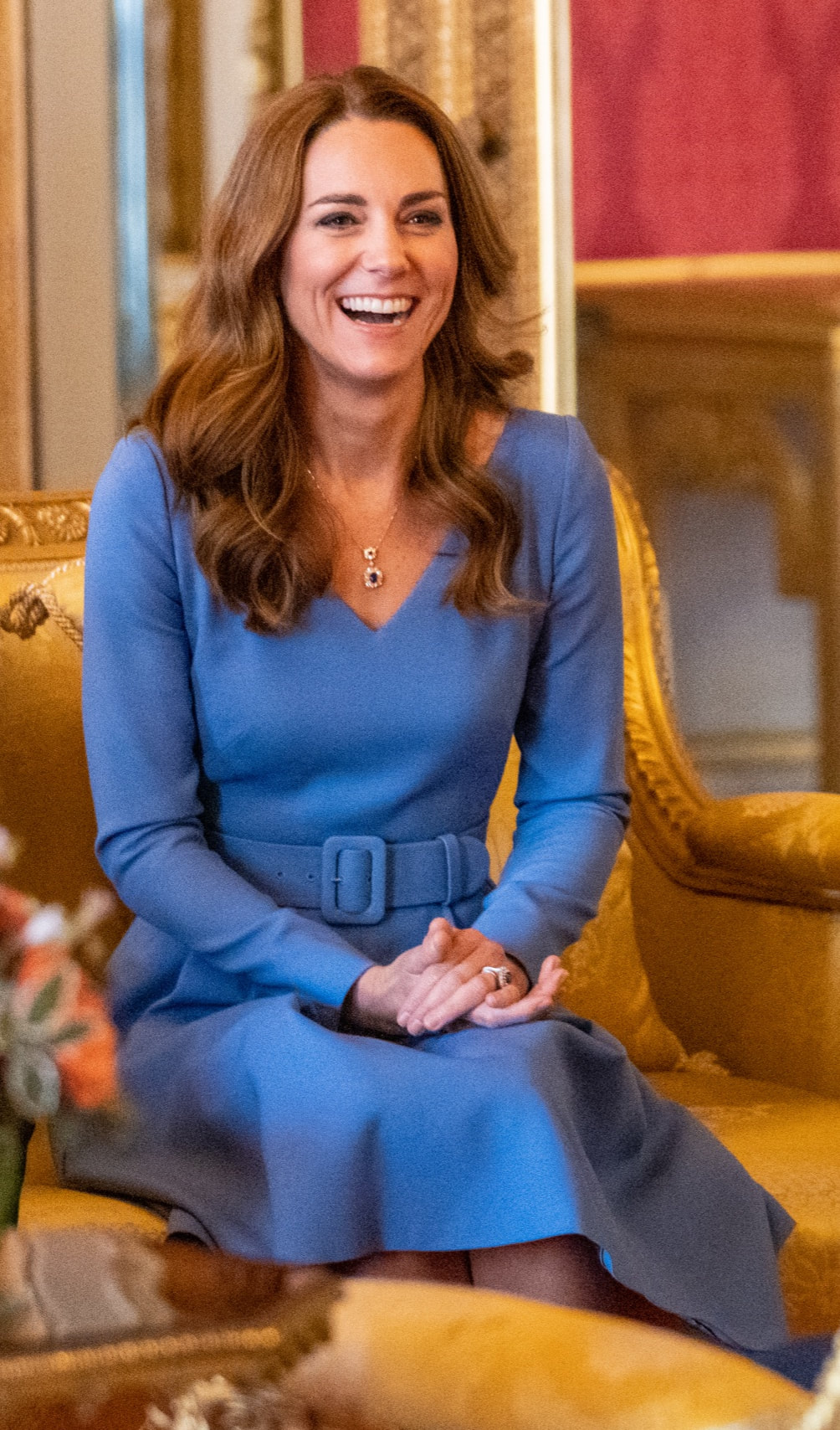 Duchess Kate wears new cornflower blue dress with v-neck and matching belt