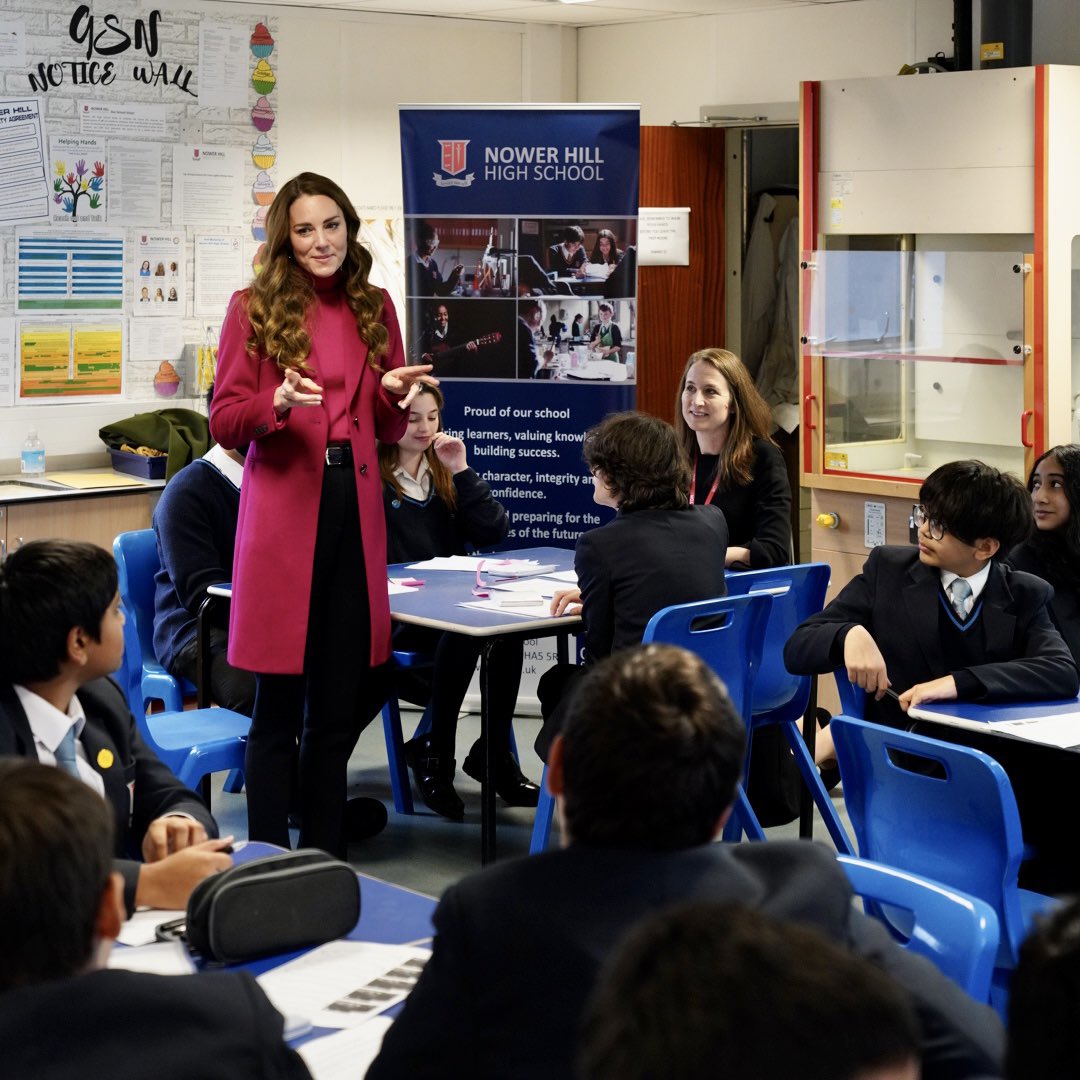 The Duchess of Cambridge visited Nower Hill High School where she joined pupils for a science lesson studying neuroscience and the importance of early childhood development