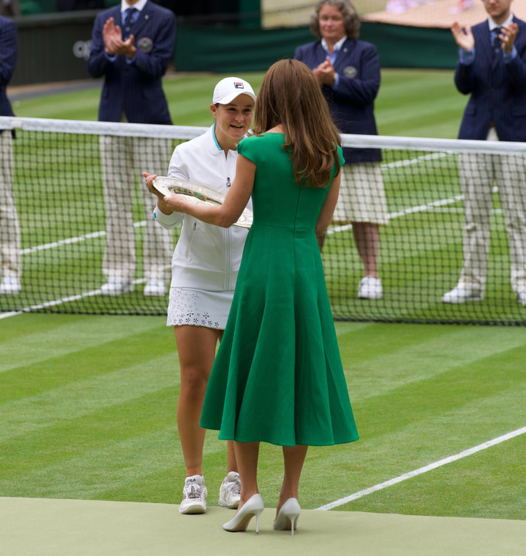 The Duchess of Cambridge presents Ash Barty with Wimbledon trophy on 10 July 2021