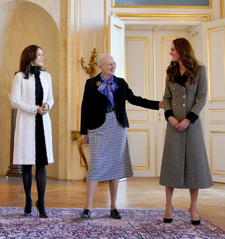 Duchess of Cambridge at Christian IX's Palace for an audience with Queen Margrethe II and Crown Princess Mary of Denmark.