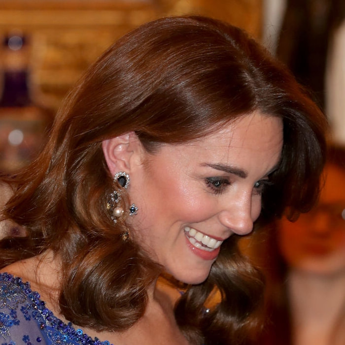 Duchess Kate wears Erdem Blue Crystal And Pearl Embellished Floral Drop Earrings