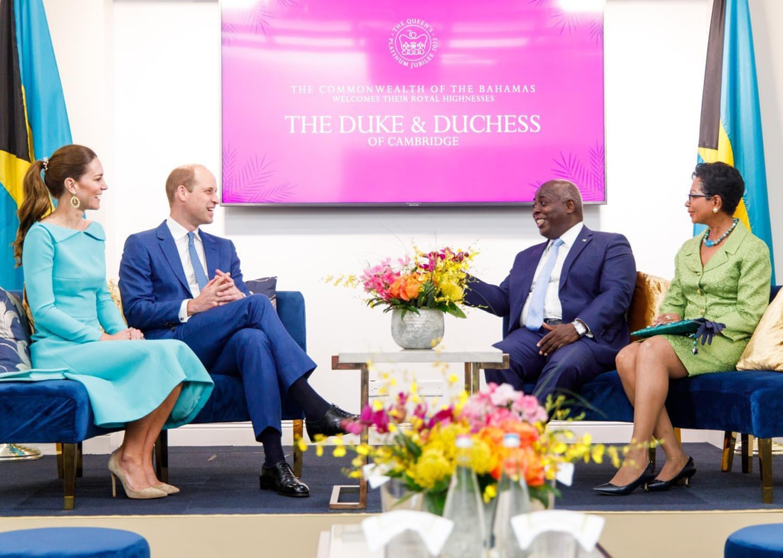 The Duke and Duchess of Cambridge meet with Bahamas' Prime Minister Philip Davis and his wife at the PM's office in Nassau on 24 March 2022