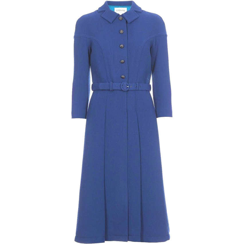 Eponine London Double Wool Crepe Belted Shirt Dress in Blue