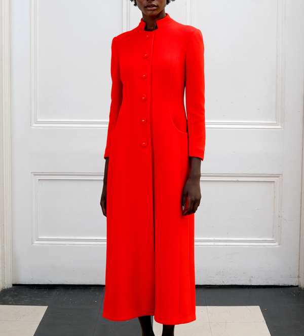 Eponion AW18 red wool crepe coat dress with mandarin collar