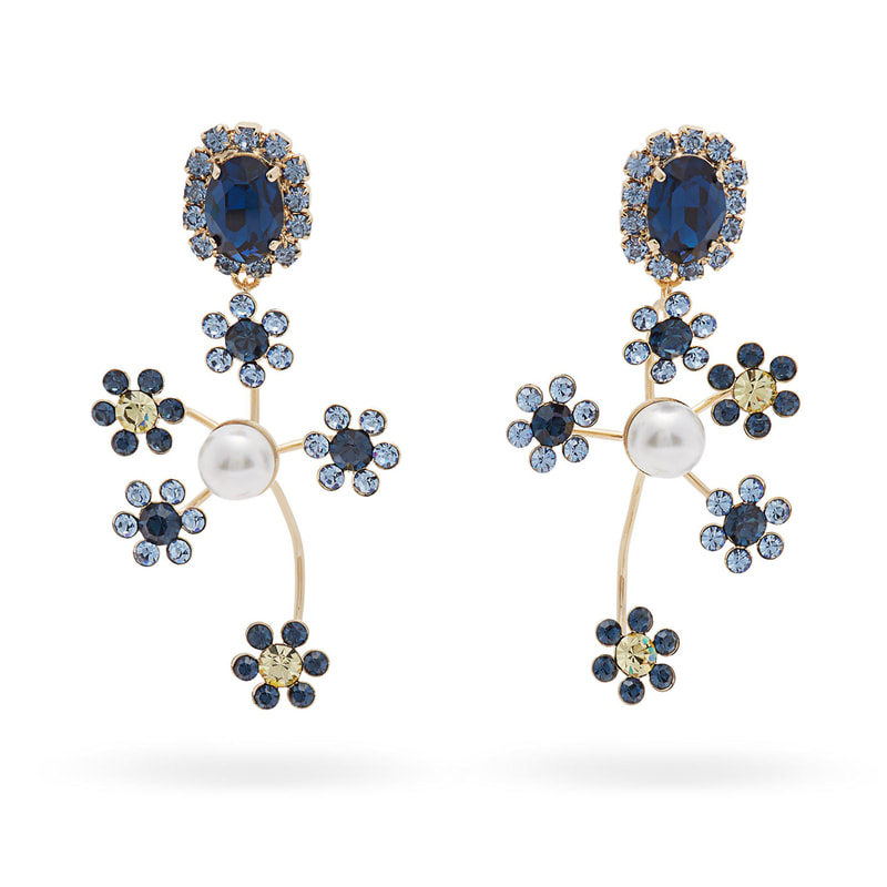 Erdem Blue Crystal And Pearl Embellished Floral Drop Earrings