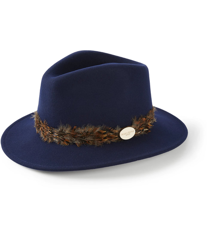 Hicks and Brown Suffolk navy wool felt fedora with pheasant feather wrap