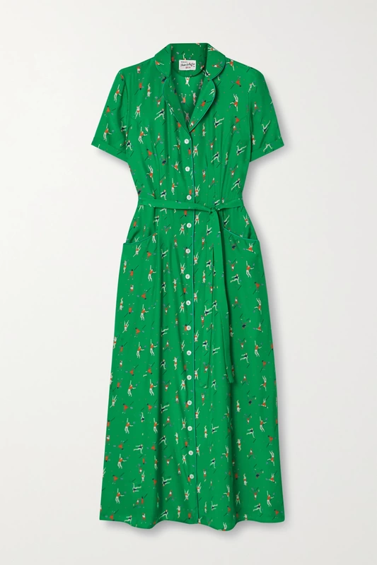 HVN Maria green belted tennis printed silk crepe de chine midi dress 