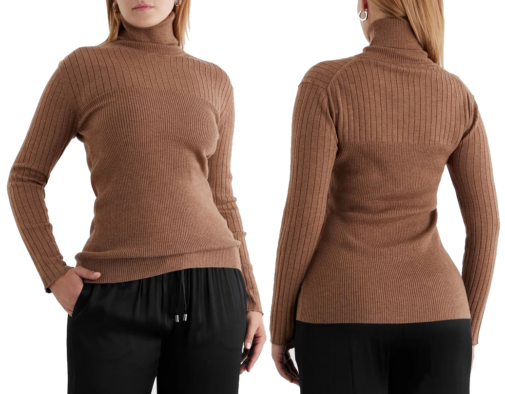 Iris & Ink Éloise ribbed merino wool-blend turtleneck sweater in Camel Brown