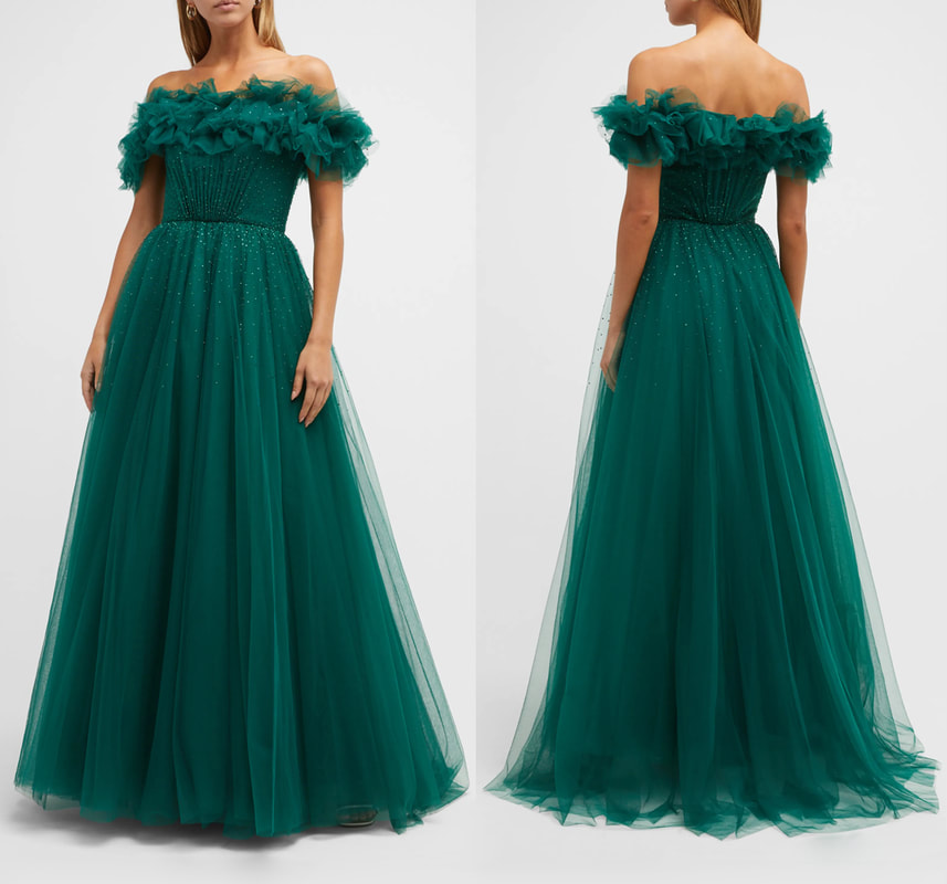 Jenny Packham 'Wonder' Off-the-Shoulder Tulle Gown in Emerald Green