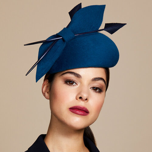 Juliette Botterill Bow and Arrow Percher Hat in teal blue