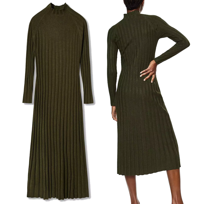 Mango Flurry Ribbed Knitted Midi Dress in Khaki