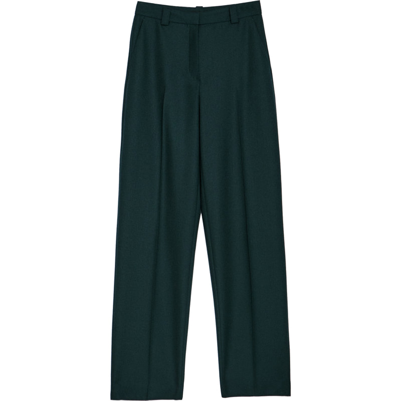 Massimo Dutti Green Wool Flannel Wide-Leg Trousers