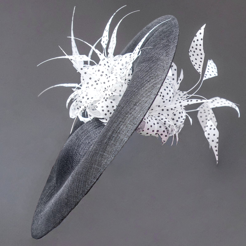 Philip Treacy Black Saucer Hat with Polka Dot Feathers