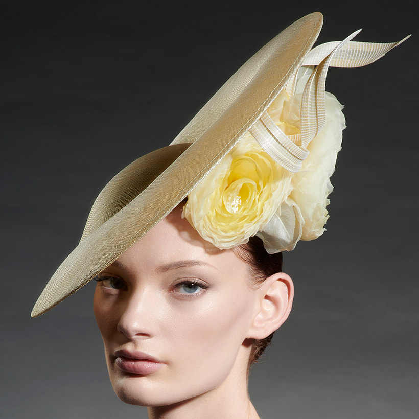 Philip Treacy Rosette & Ribbon Saucer Hat in Soft Yellow Style OC 908 SS22