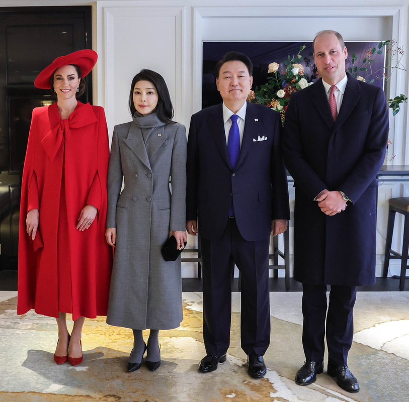 Prince William and Catherine, Princess of Wales greet the President of the Republic of Korea, Yoon Suk Yeol, and his wife, Kim Keon Hee, at their hotel in central London on 21 November 2023