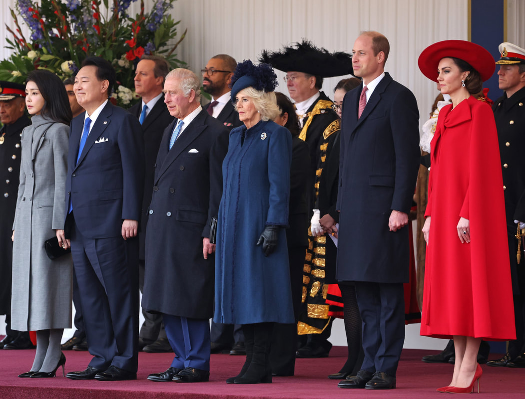Prince William and Catherine, Princess of Wales join King Charles and Queen Camilla to welcome the President of the Republic of Korea, Yoon Suk Yeol, and his wife, Kim Keon Hee at Horse Gaurds Parade on 21 November 2023