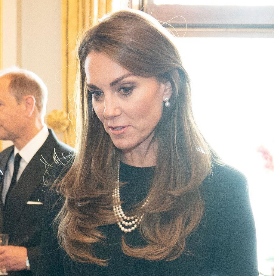 Princess Kate wears Queen Elizabeth II's three-strand pearl necklace and pearl and diamond 