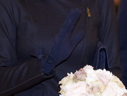 Duchess Kate Middleton wears navy Andy Shiels bow gloves