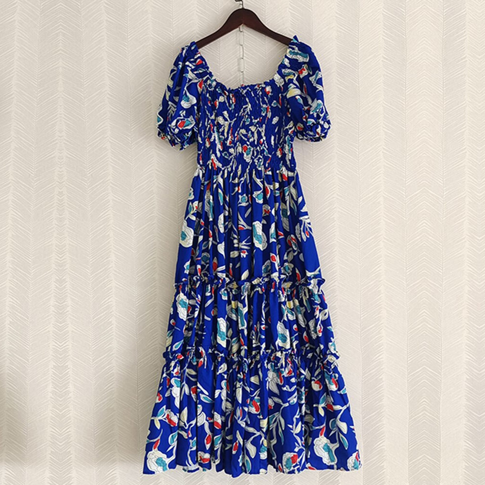 Tory Burch Smocked Midi Dress in Blue Painted Roses - Kate Middleton Dresses  - Kate's Closet