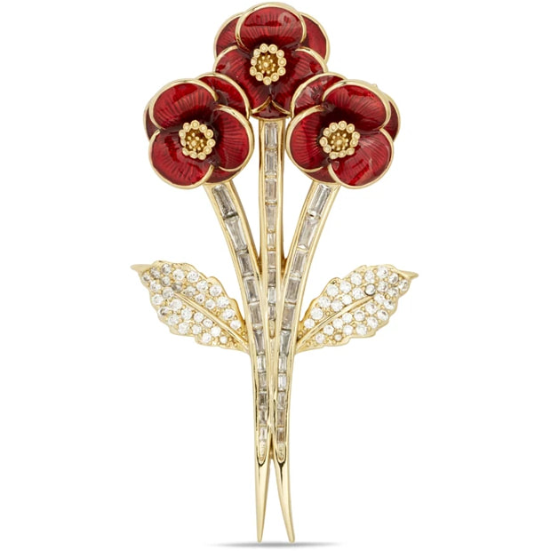 Royal British Legion Three Poppies Crystal Gold Plated Brooch
