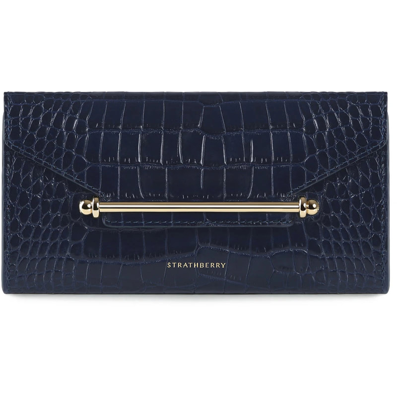 Strathberry Multrees Chain Wallet in Navy Embossed Croc