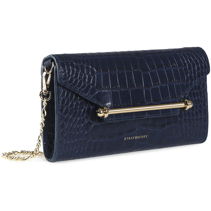Strathberry Multrees Chain Wallet Clutch in Navy Embossed Croc