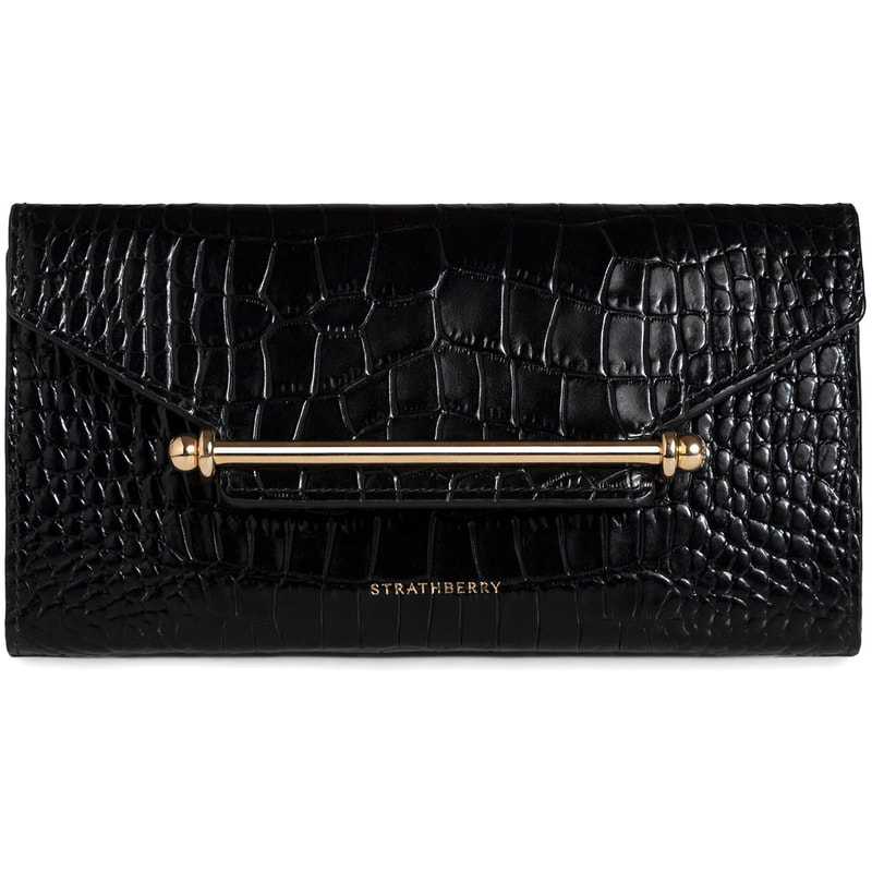 Strathberry Multrees Chain Wallet in Black Embossed Croc