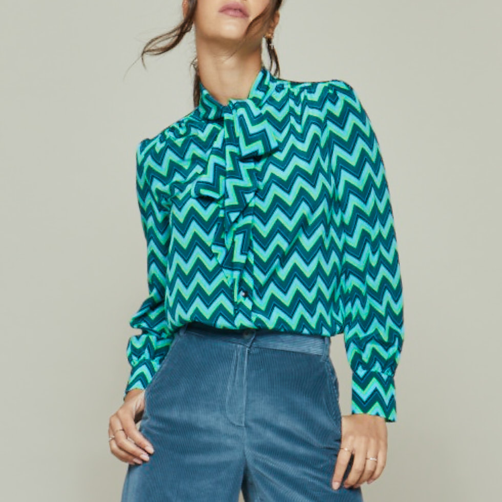Tabitha Webb Pansy Pussybow Blouse in Green Chevron