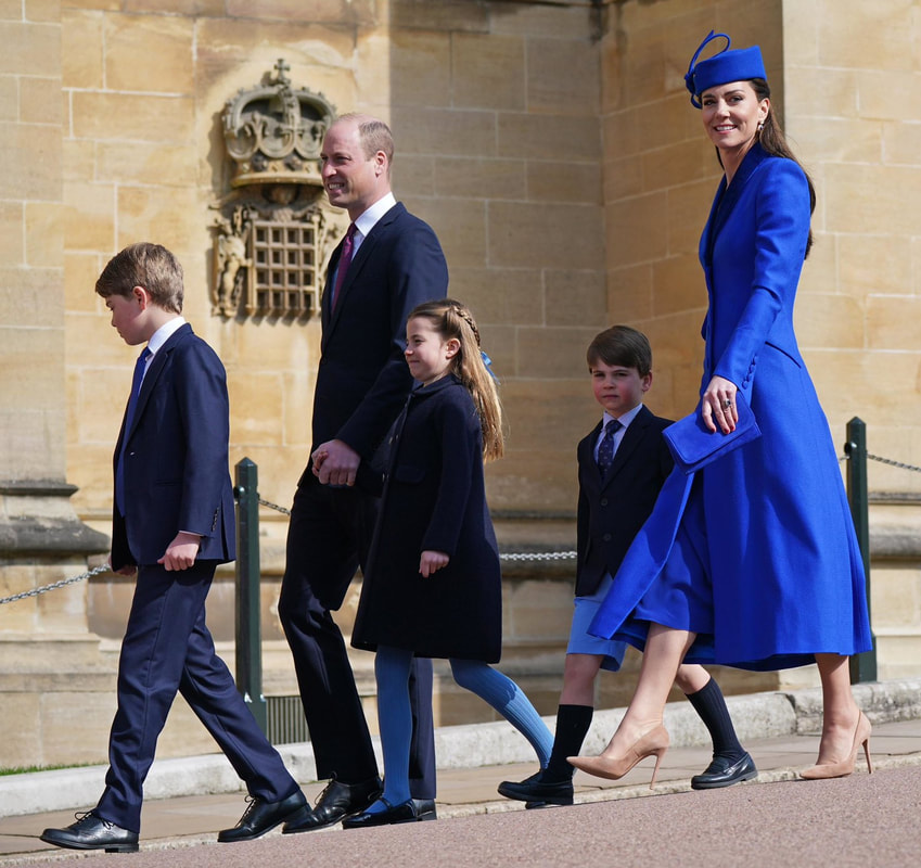 The Prince and Princess of Wales, Prince George, Princess Charlotte, and Prince Louis joined other members of the British Royal Family for the Easter Sunday Mattins Service at St George's Chapel in Windsor on 9th April 2023
