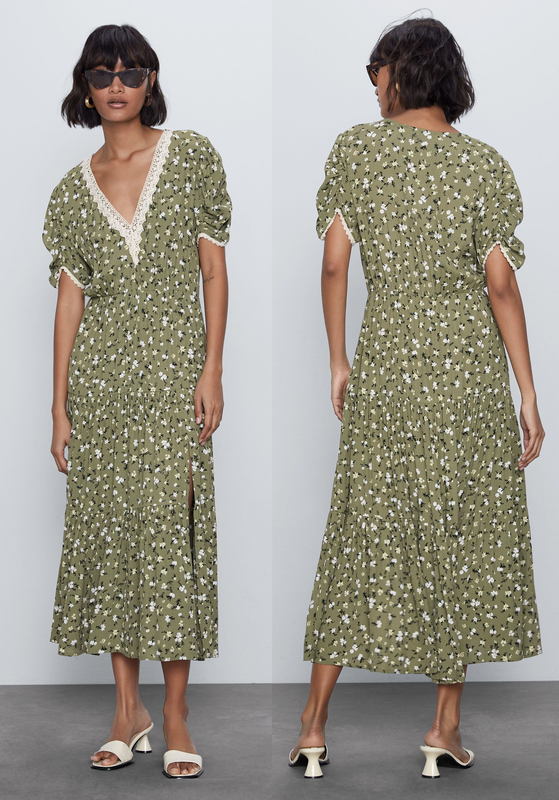 Zara sage green V-neck midi dress with short sleeves, contrast lace trim and a ruffled hem as seen on Duchess Kate Middleton